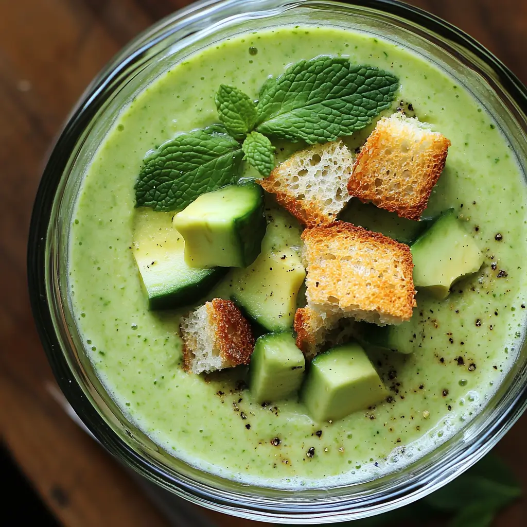 Soupe Froide de Concombre, Yaourt Grec, Menthe et Avocat, Croûtons à l’Ail
